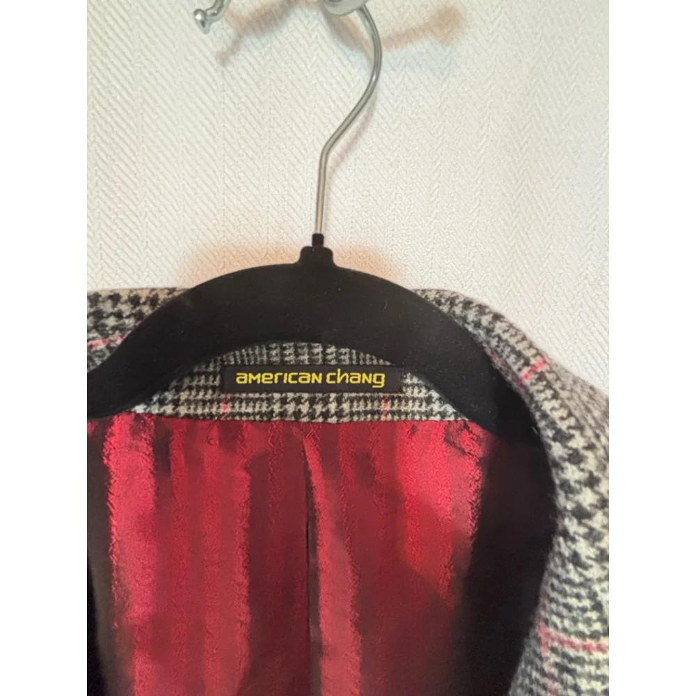 Men's American Chang Blazer Size 44 Gray Plaid Wool